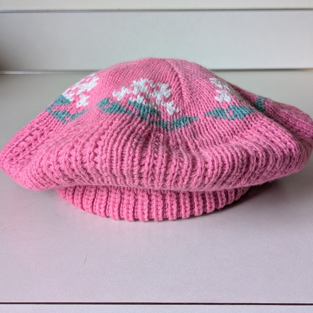 80s Vintage Knit Beret Fair Isle Winter Hat Pink White Flower Beanie Cap Tam - Picture 15 of 16